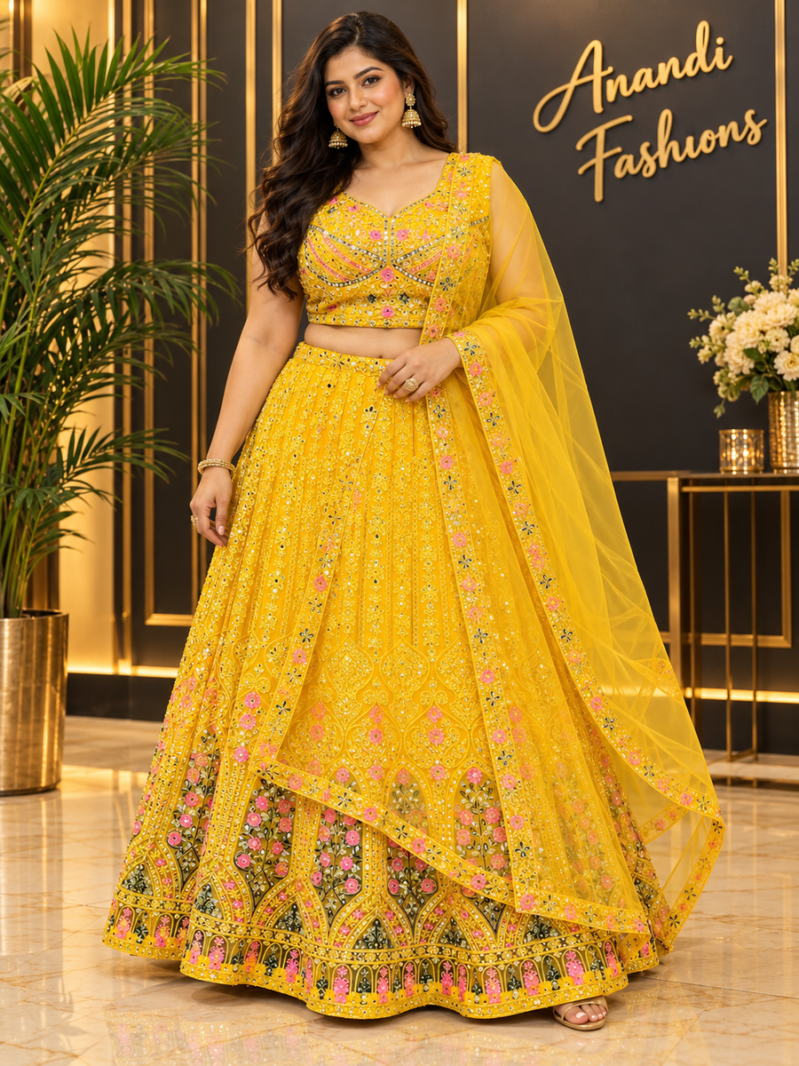 Women’s Yellow Heavy Work Net Lehenga Set – Plus Size
