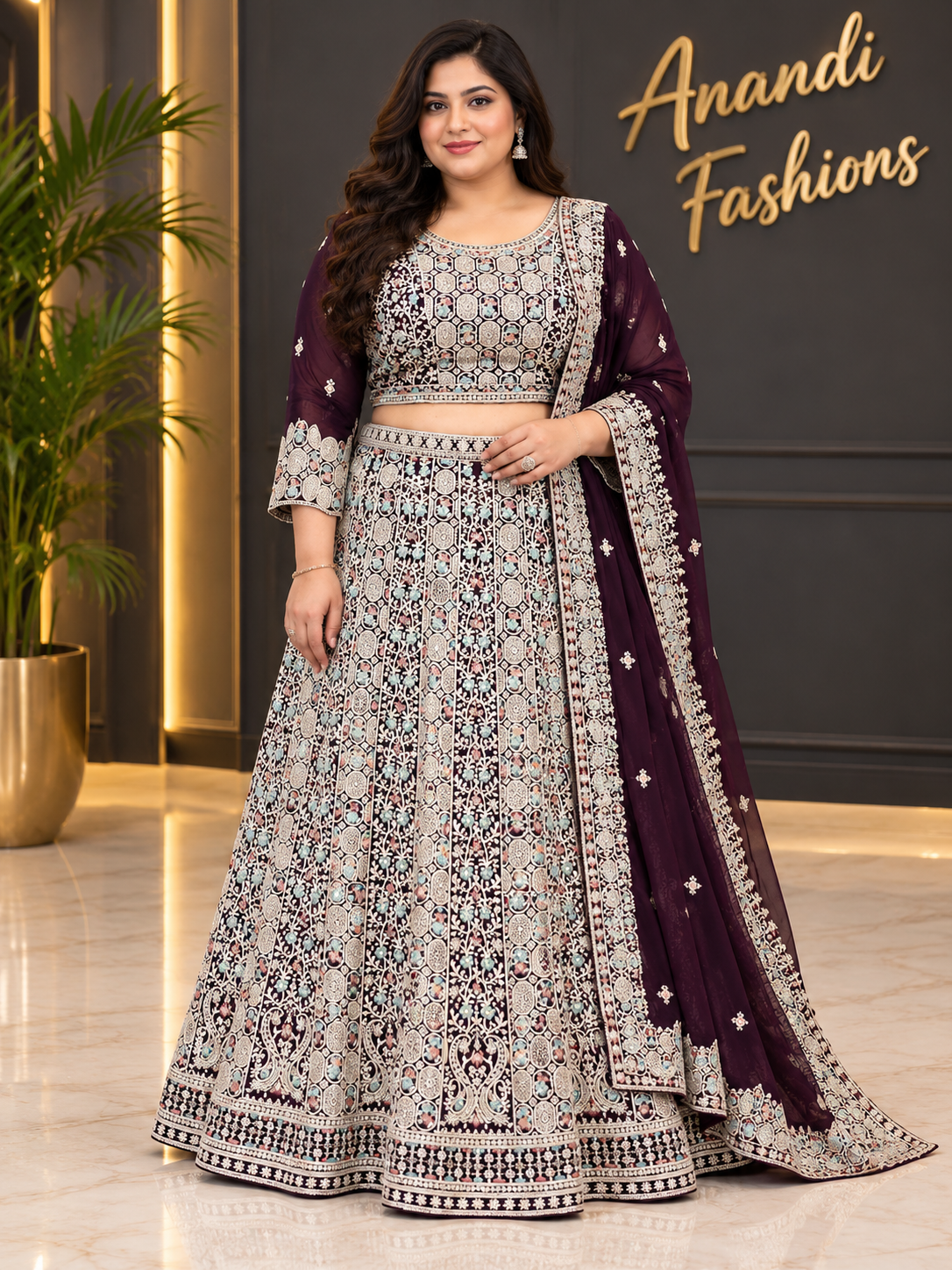 Women’s Pink Heavy Work Georgette Lehenga Set with Double – Sided Embroidery – Plus Size