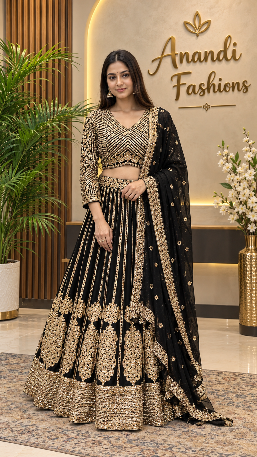 Women’s Black Lehenga Set with Gold Zari Work Georgette Alia Cut Blouse