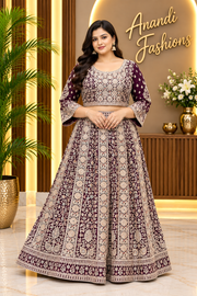Women’s Wine Heavy Work Georgette Lehenga Set with Double – Sided Embroidery – Plus Size