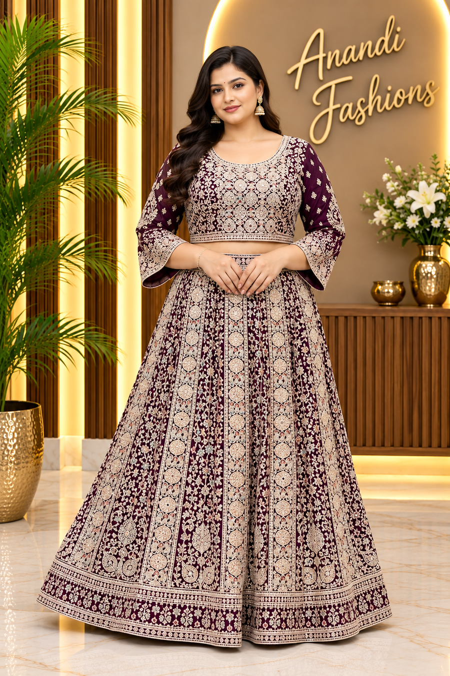 Women’s Wine Heavy Work Georgette Lehenga Set with Double – Sided Embroidery – Plus Size