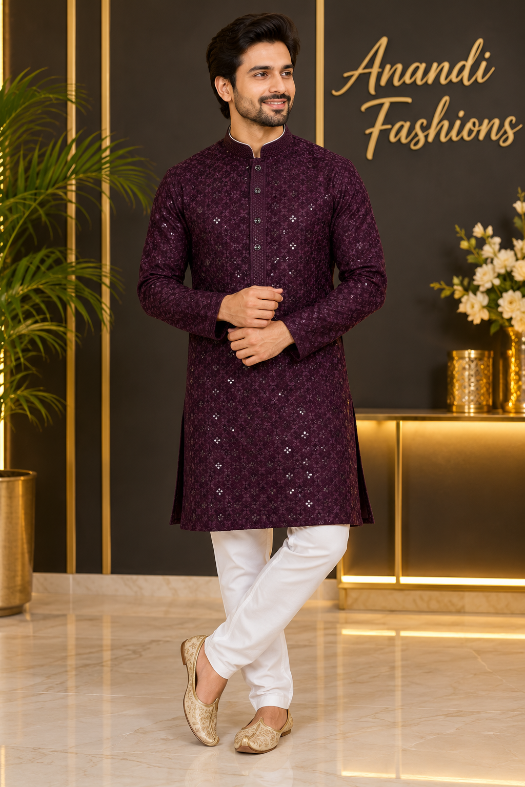 Men’s Wine Rayon Chikankari Kurta Set