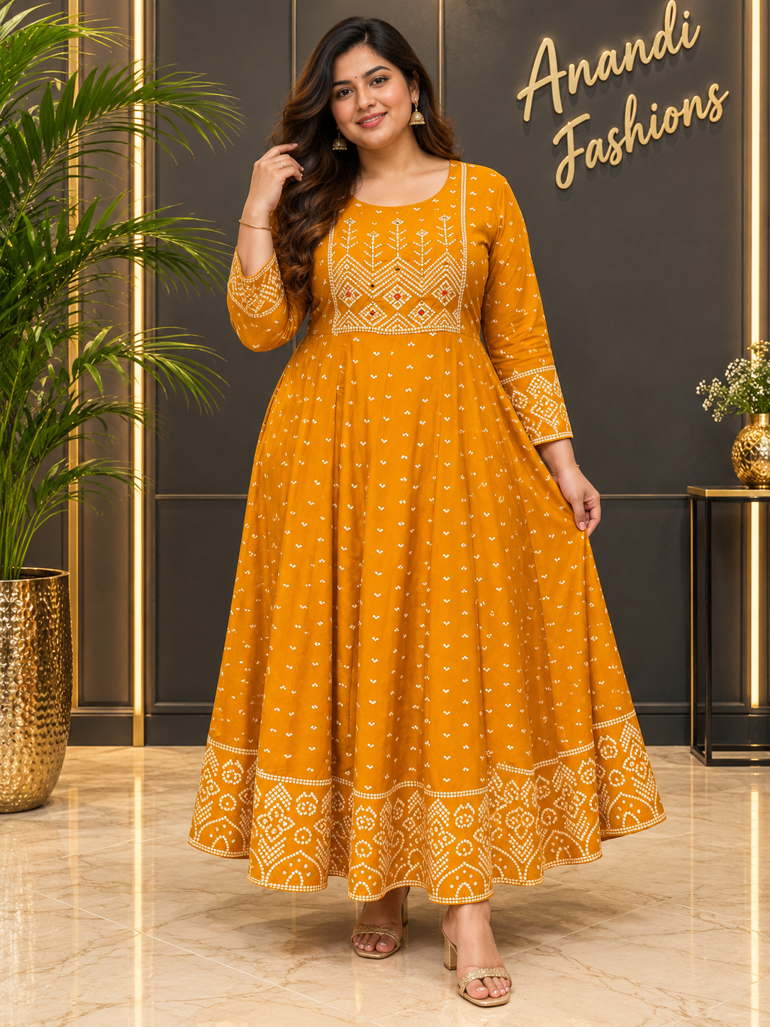 Women's Mustard Yellow Plus Size Long Anarkali Kurti
