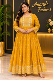 Women's Mustard Yellow Plus Size Cotton Anarkali Kurti
