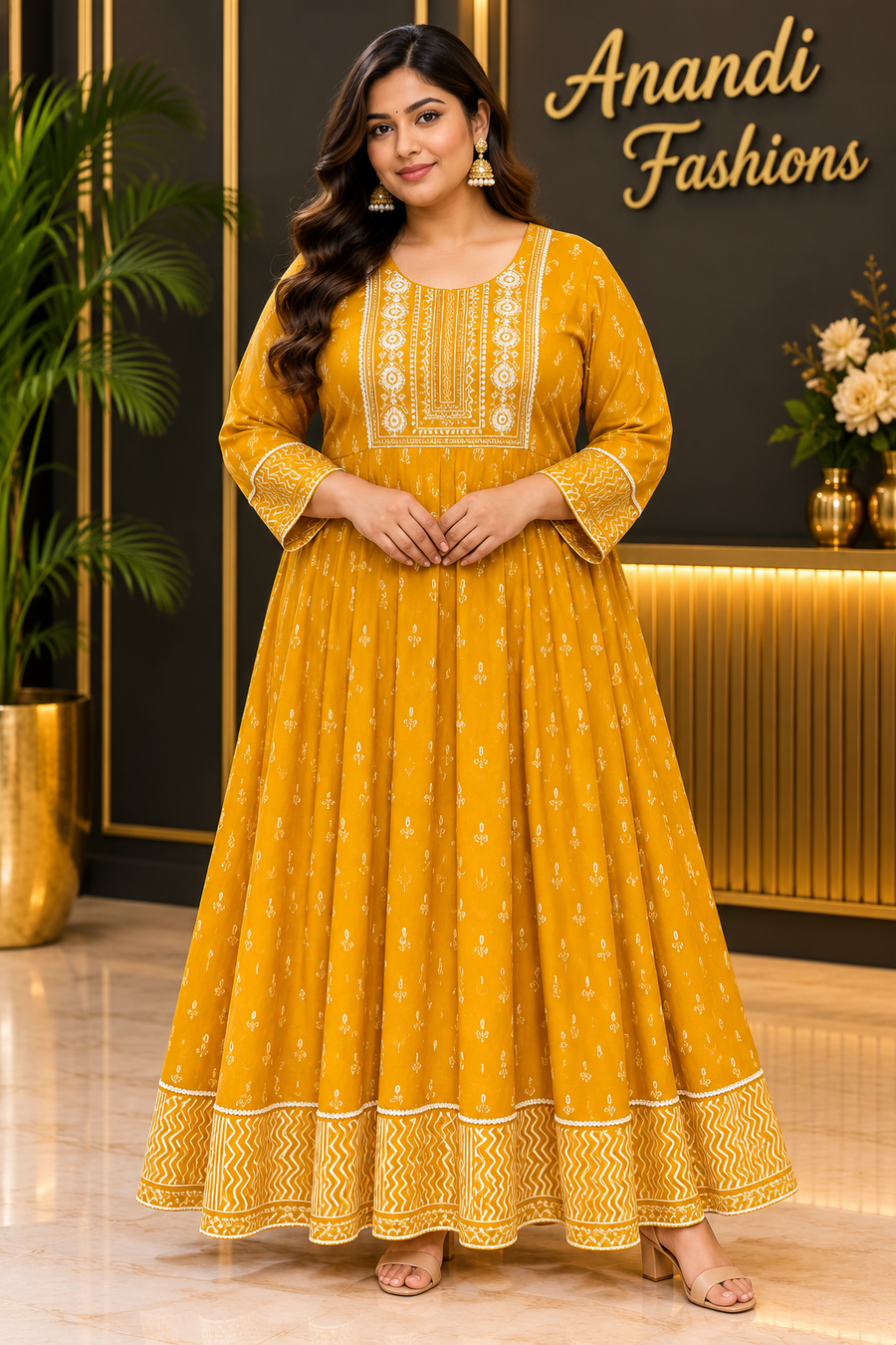 Women's Mustard Yellow Plus Size Cotton Anarkali Kurti