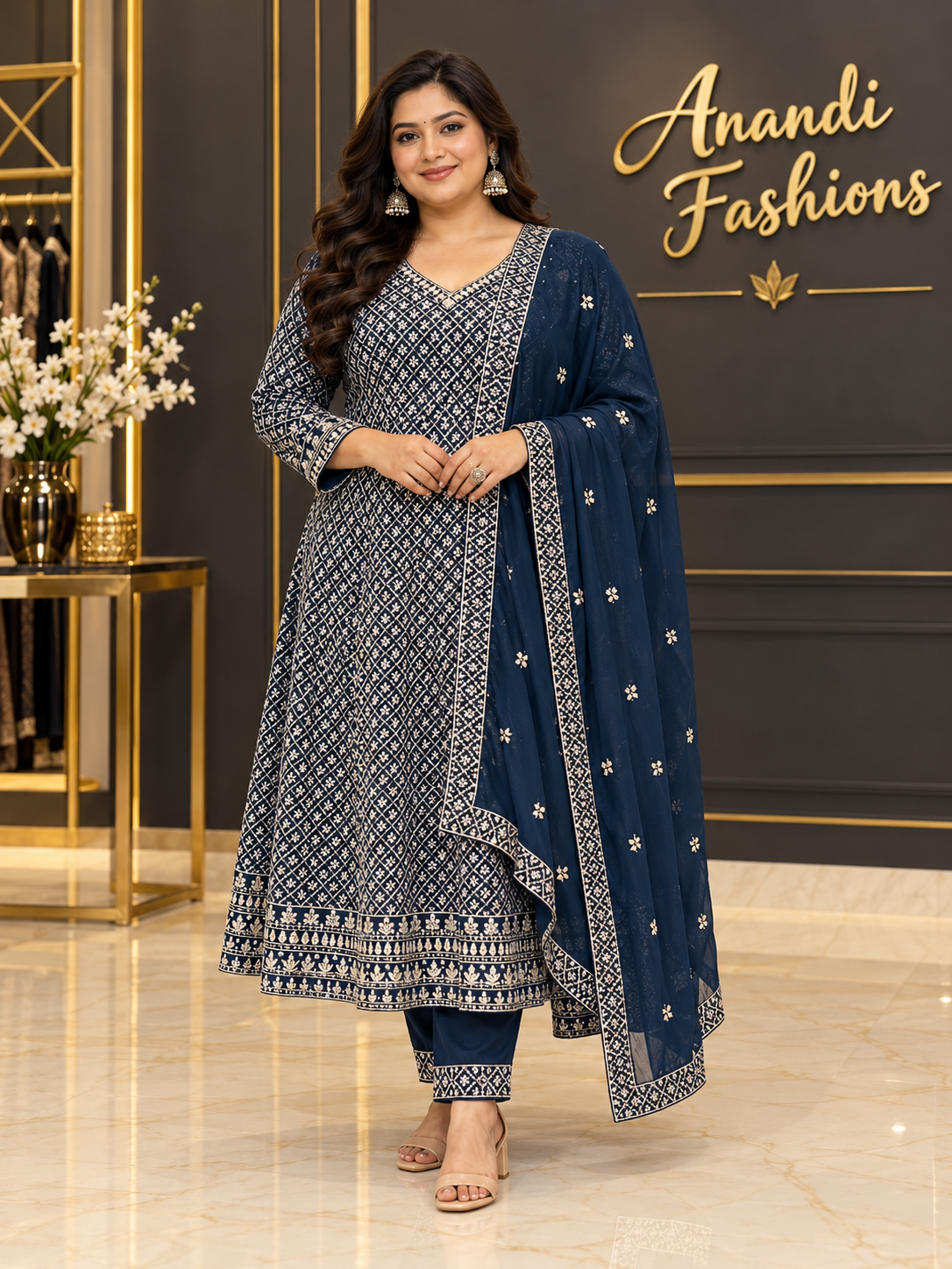Women’s Teal Blue Georgette Anarkali Kurti Set – Size 44