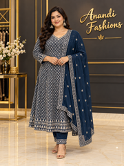 Women’s Teal Blue Georgette Anarkali Kurti Set – Size 44
