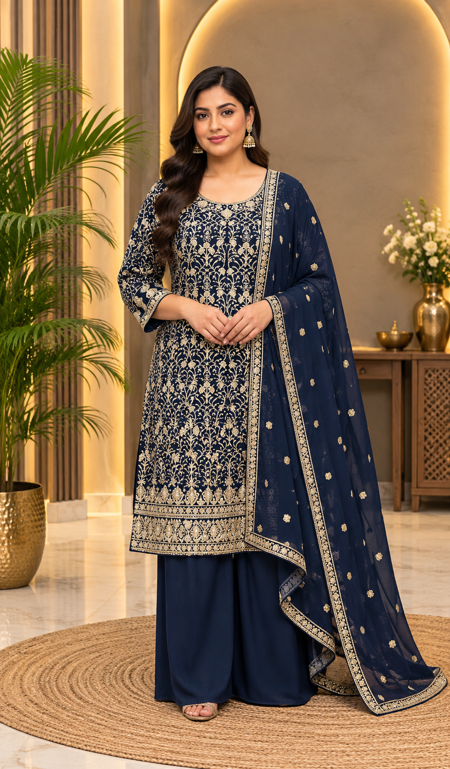 Women’s Navy Blue Party Wear Georgette Palazzo Set – Plus Size