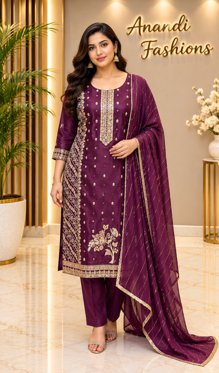 Plus Size Wine color Benarasi kurti set