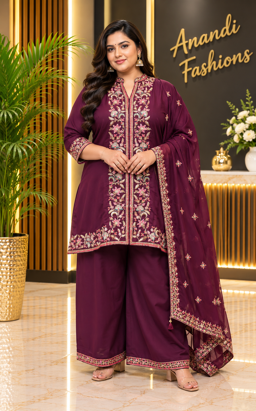 Women’s Wine Embroidered Silk Palazzo Set – Plus Size