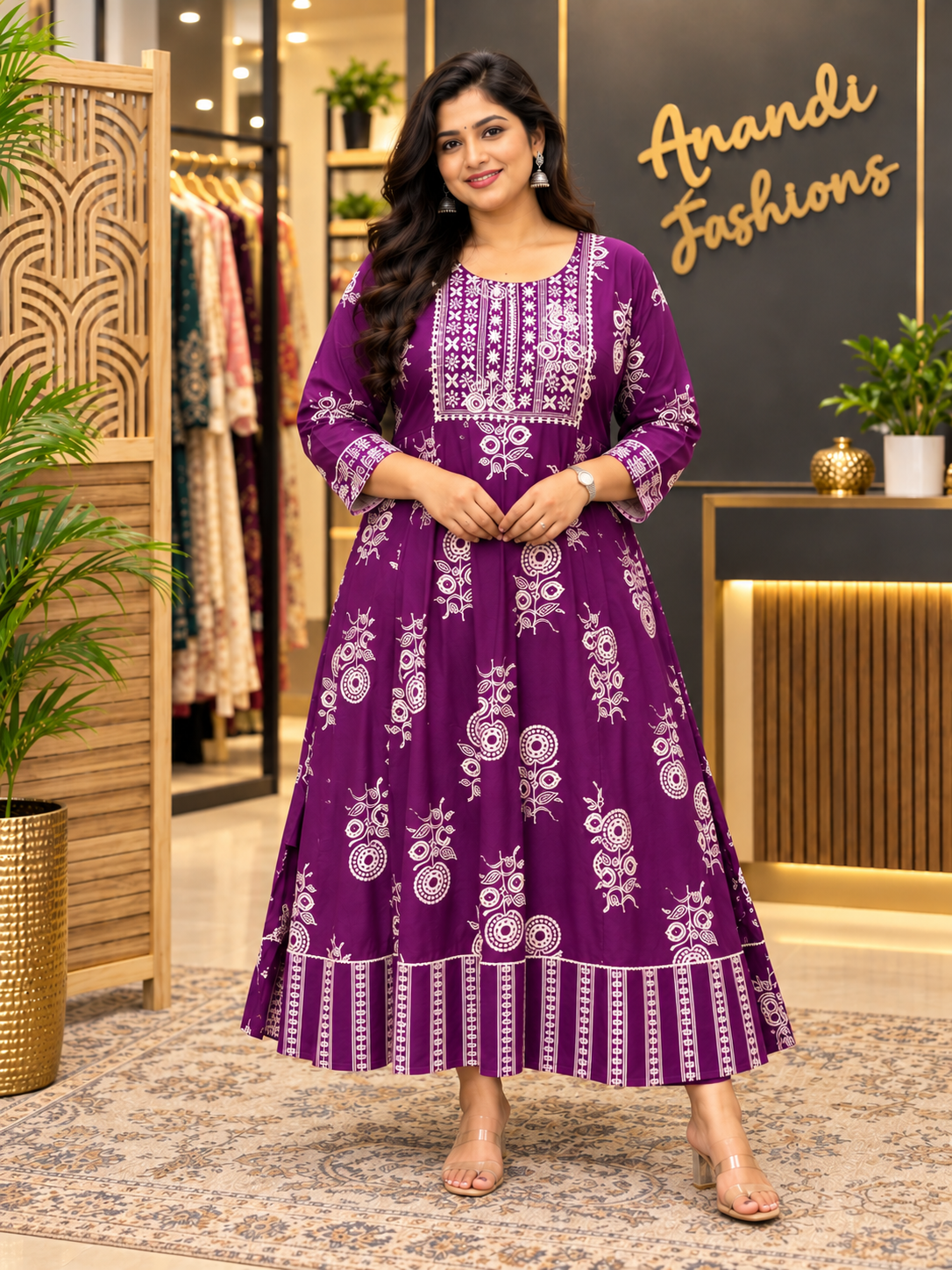 Women's Purple Plus Size Cotton Anarkali Kurti