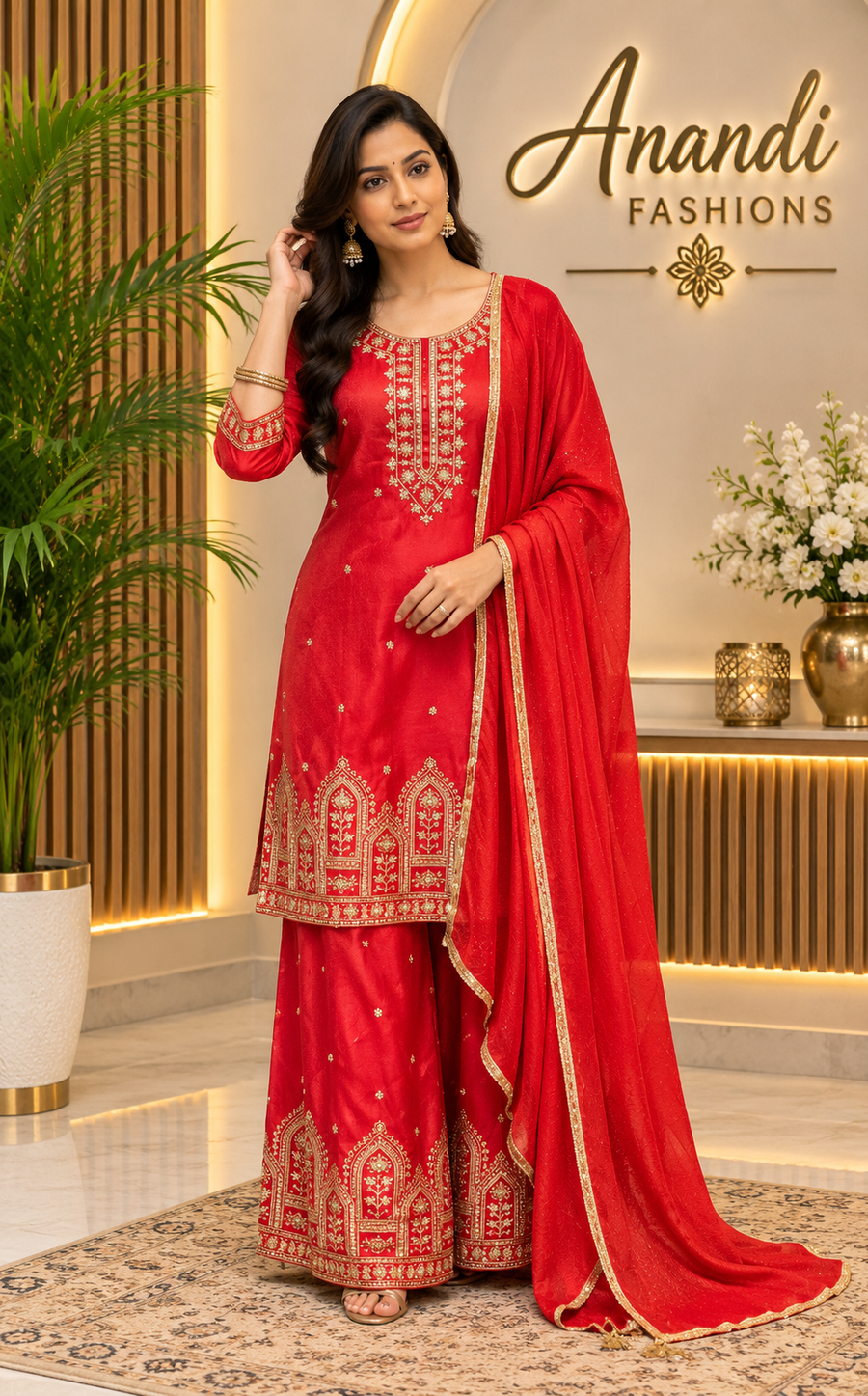 Women’s Orange Shimmery with Gold Zari Palazzo Set