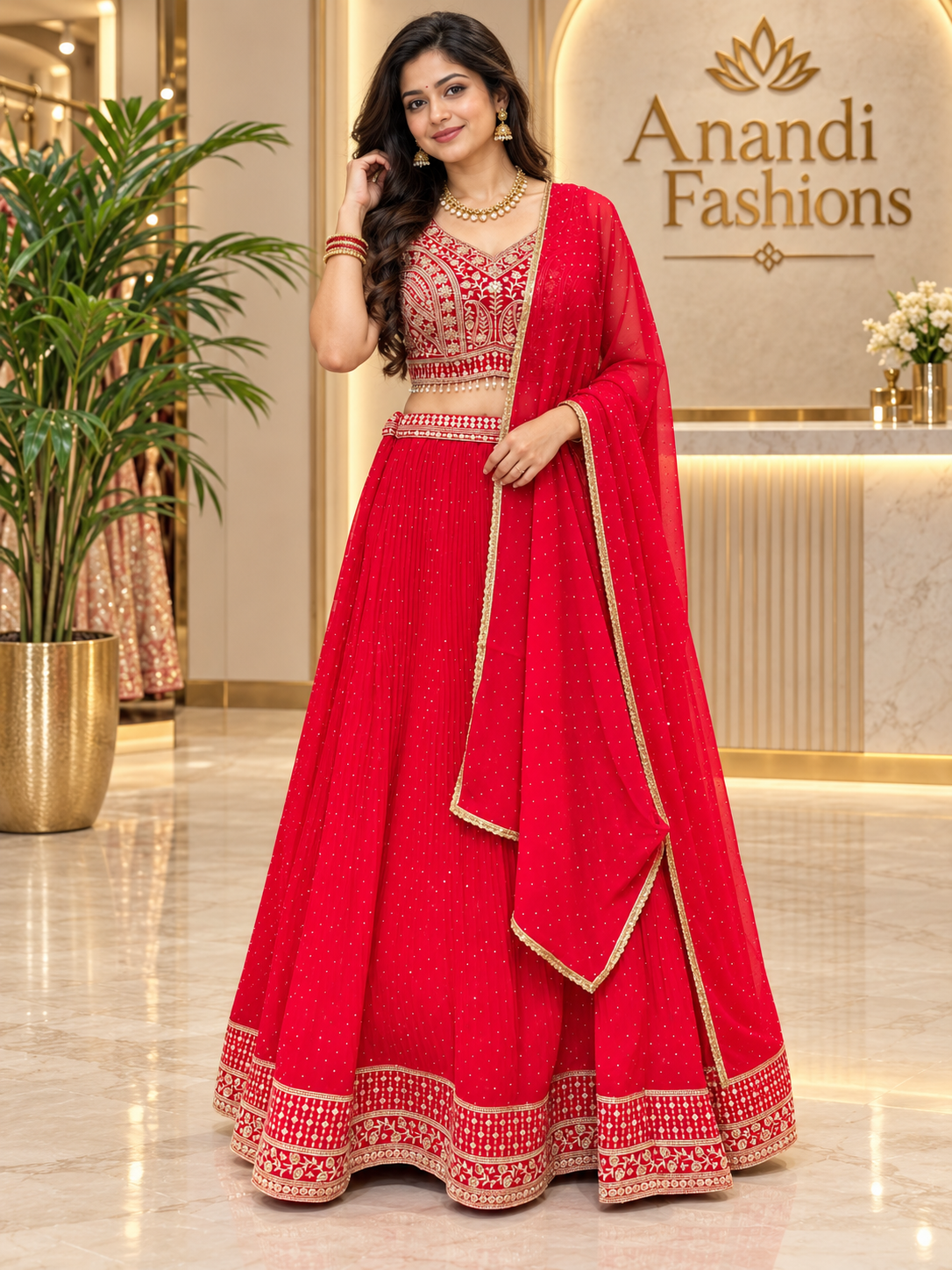 Women’s Red Georgette Lehenga Set with Embroidered Blouse