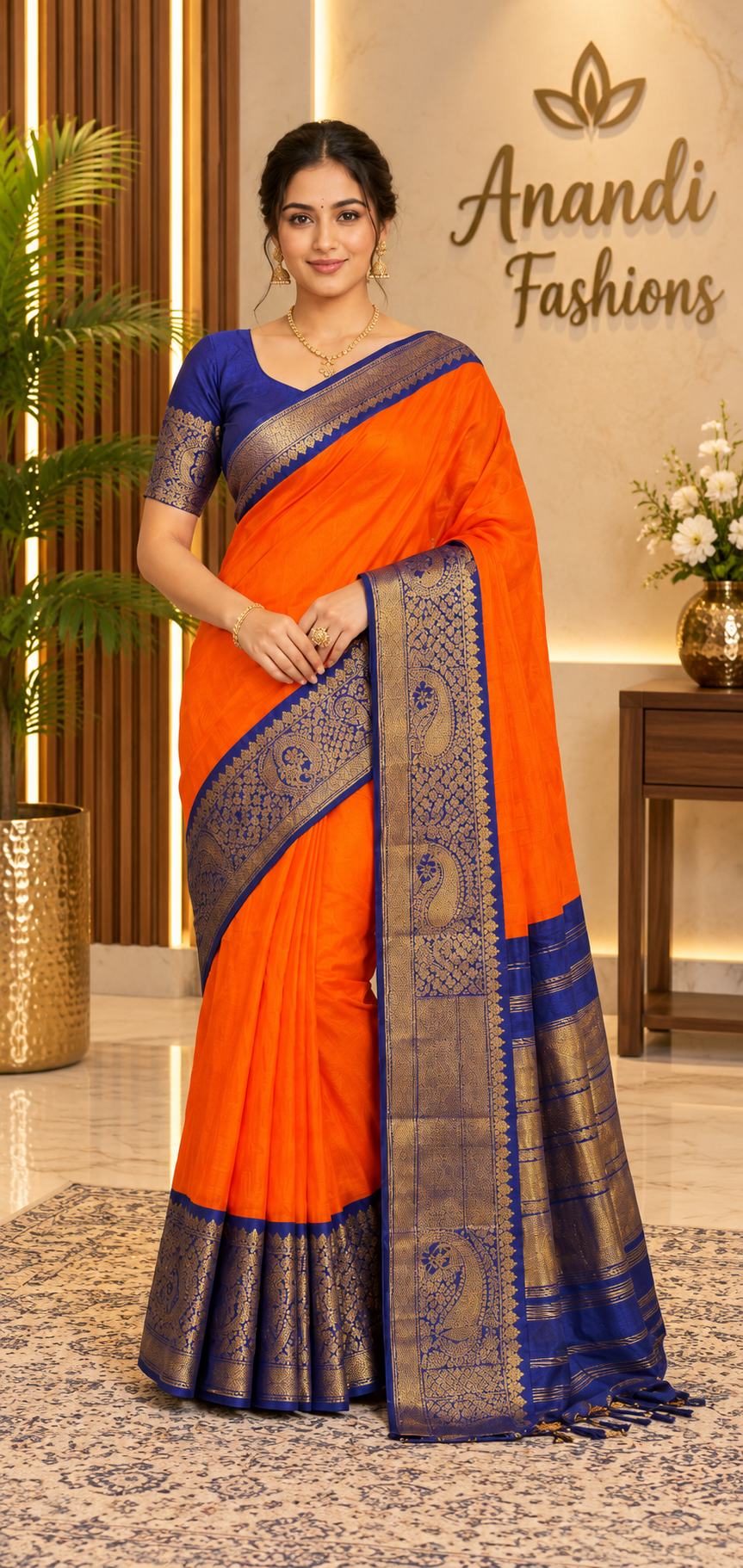Women's Orange Handloom Mangalagiri Silk Saree with Stitched Blouse