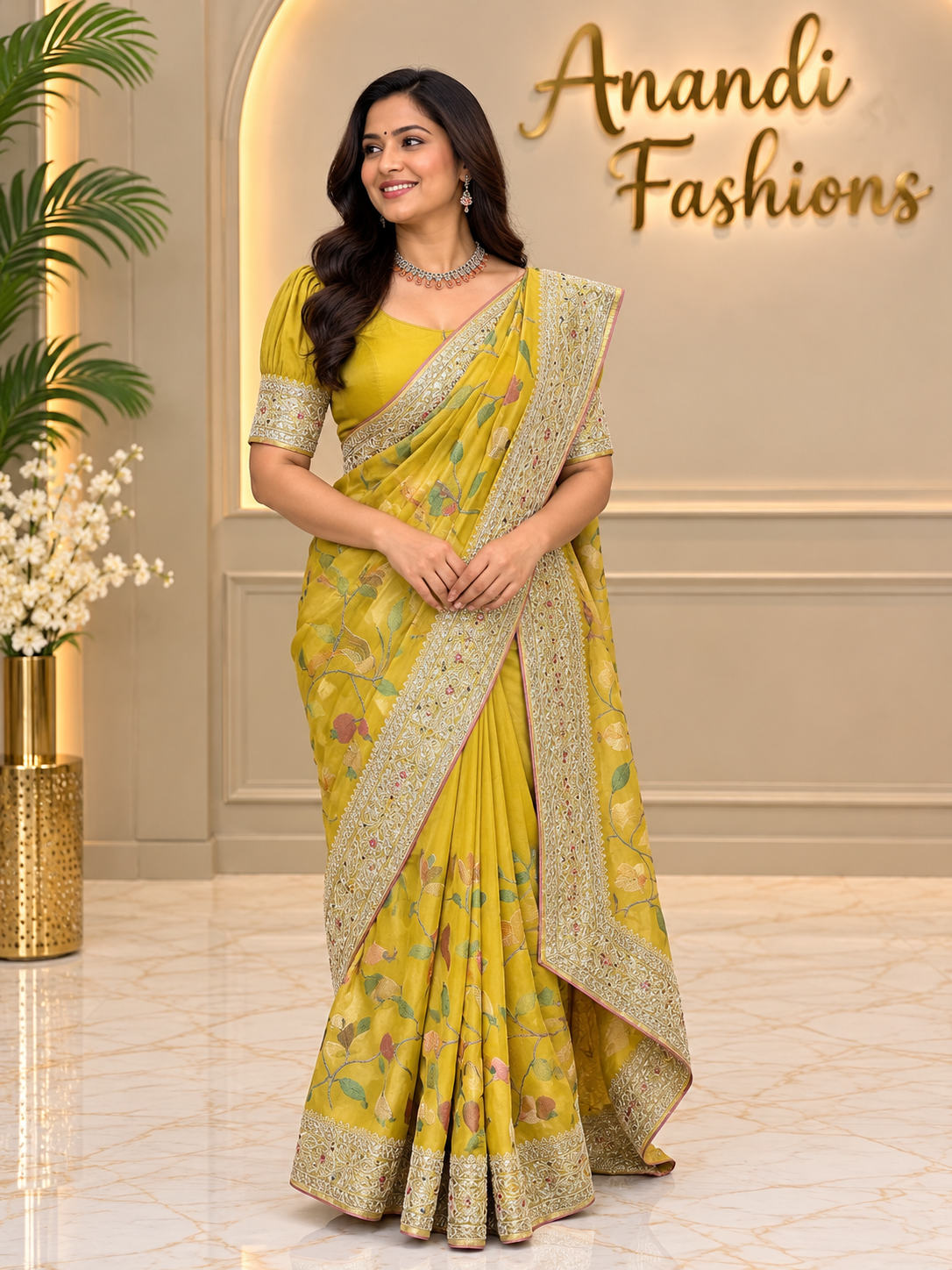 Women's Embroidered Organza Tissue Saree with Stitched Blouse