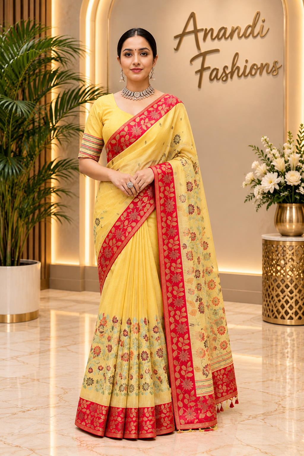 Women's Yellow Jamdani Saree with Stitched Blouse