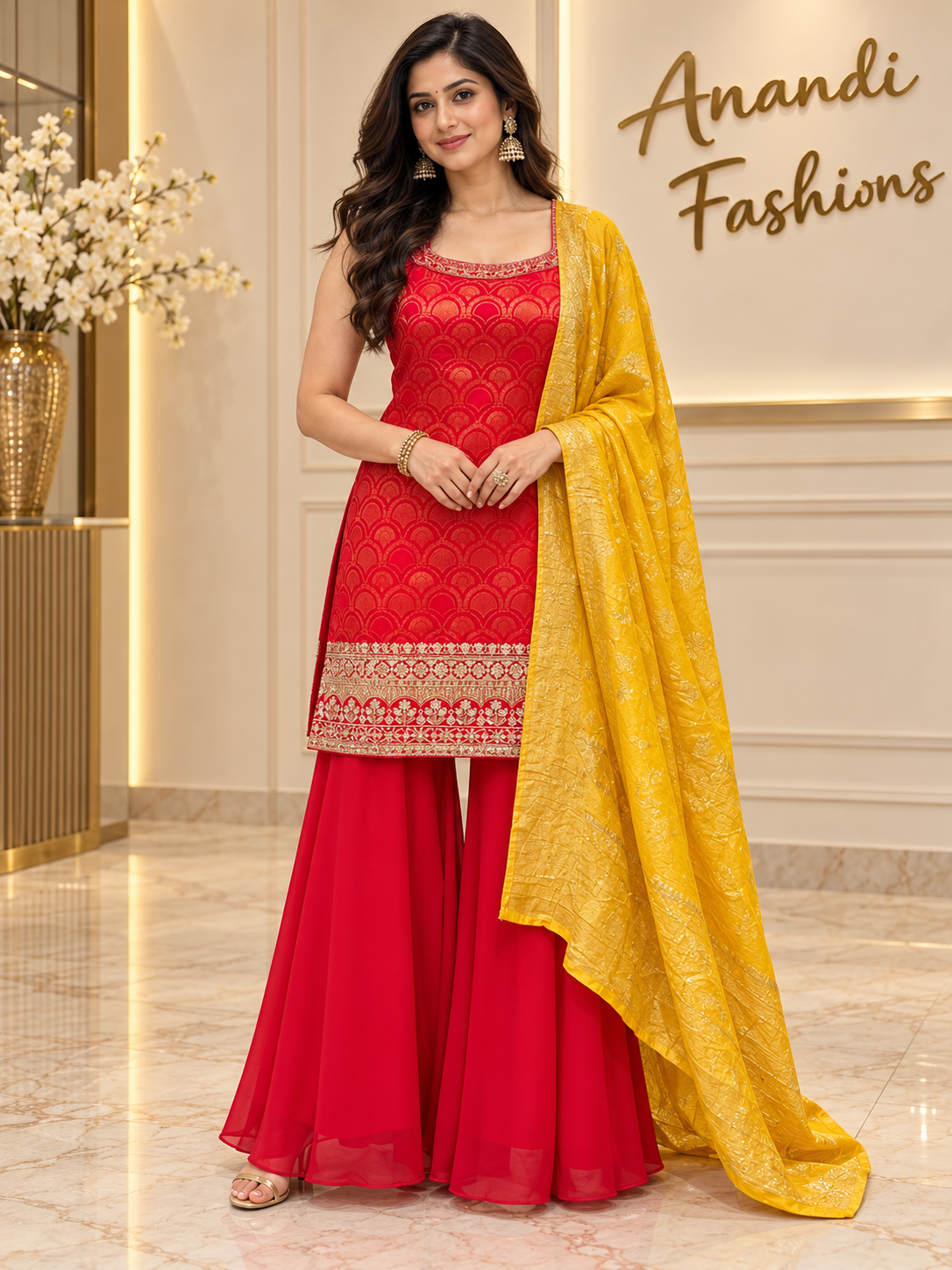 Women’s Red Sleeveless with Gold Zari Work Embroidered Sharara Set