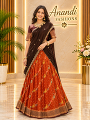 Women’s Rust Orange Banarasi Half Saree / Lehenga Set