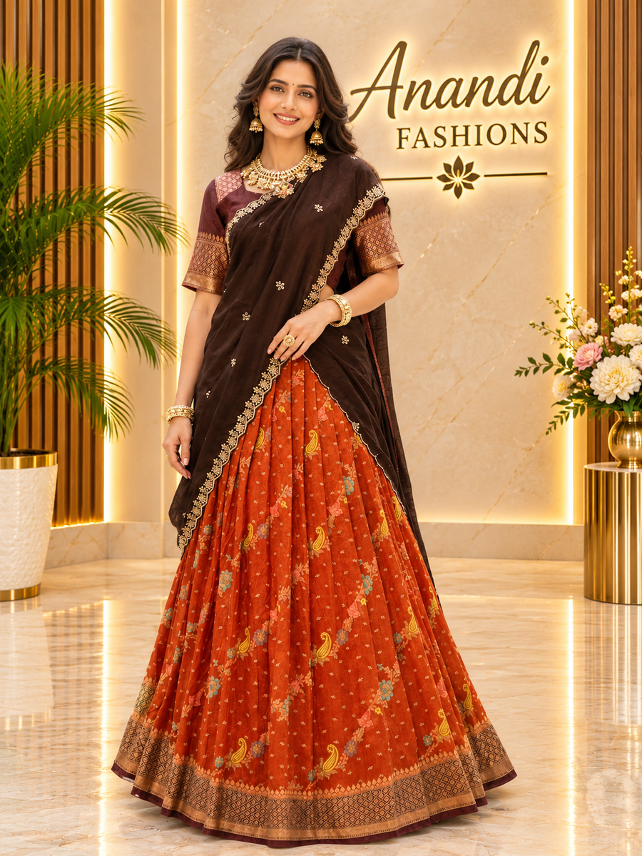 Women’s Rust Orange Banarasi Half Saree / Lehenga Set