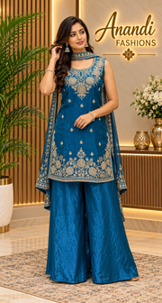 Women’s Peacock Blue Glass Tissue with Embroidery Sharara Set