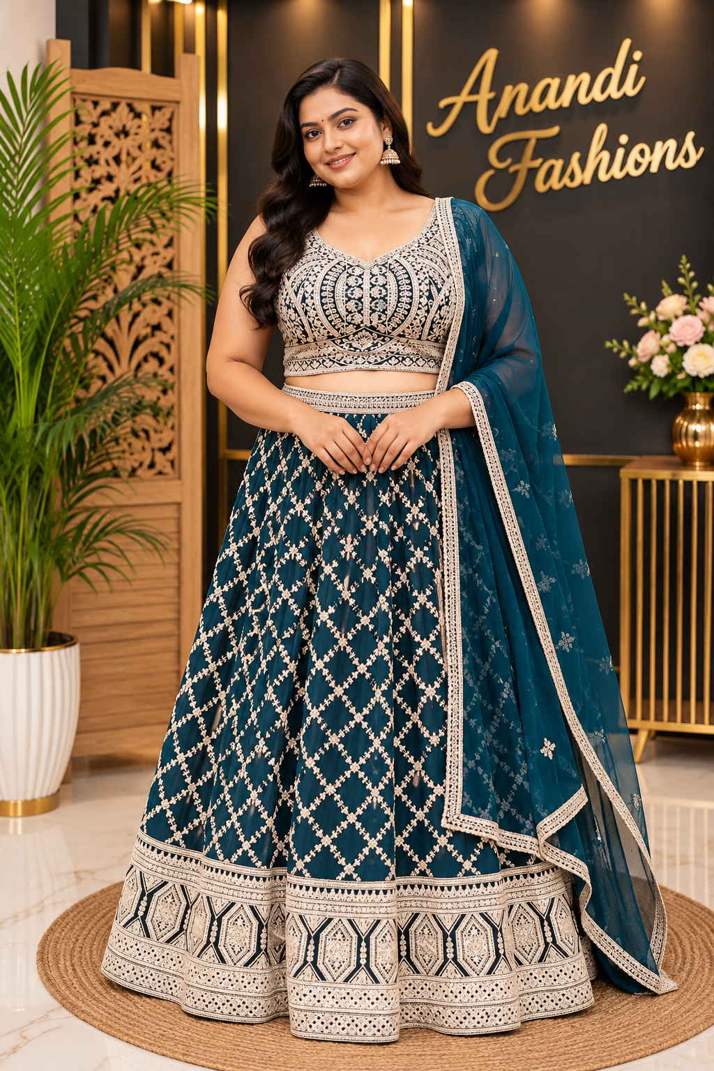 Women’s Teal Blue Georgette Heavily Embroidered Lehenga Set – Plus Size