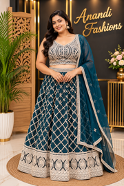 Women’s Teal Blue Georgette Heavily Embroidered Lehenga Set – Plus Size
