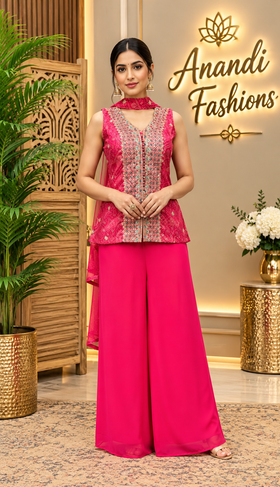 Women’s Pink Bhandhini High Low Style Sharara Set