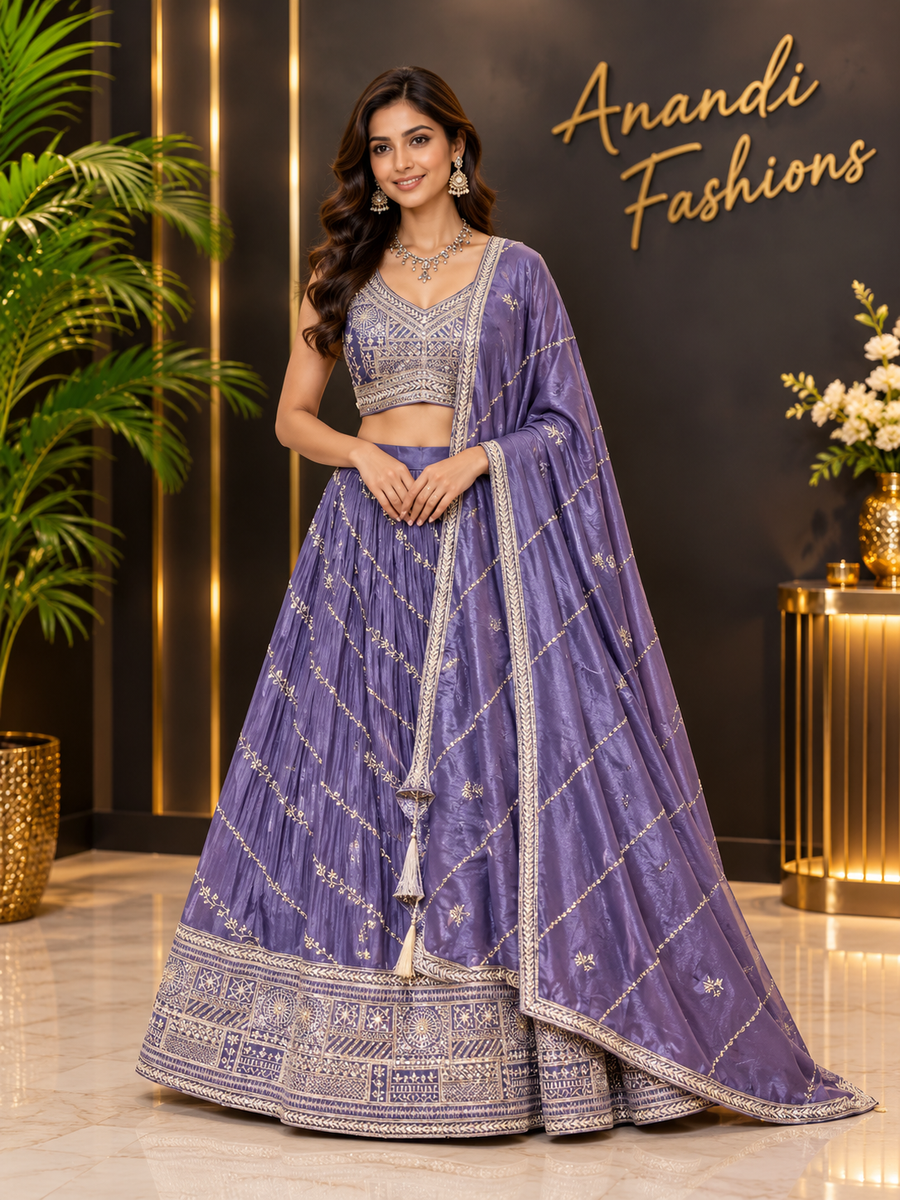 Women’s Lavender Purple Embroidered Lehenga Choli with Dupatta