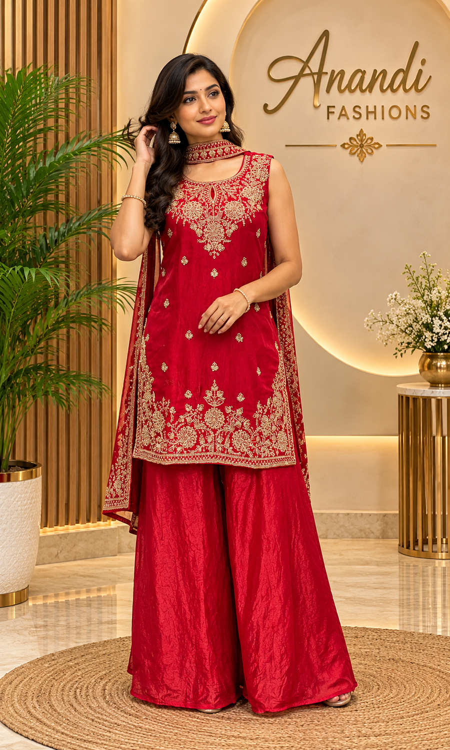 Women’s Red Glass Tissue with Embroidery Sharara Set