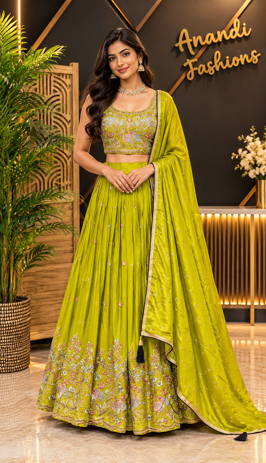 Women’s Lime Green Floral Embroidered Lehenga Choli with Dupatta