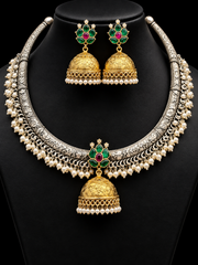 Dual Tone German Silver Necklace Set with Jadau Kundan