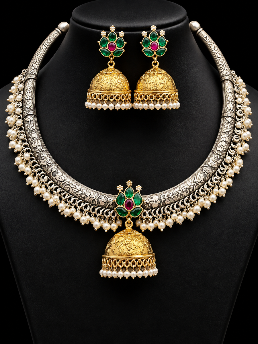 Dual Tone German Silver Necklace Set with Jadau Kundan