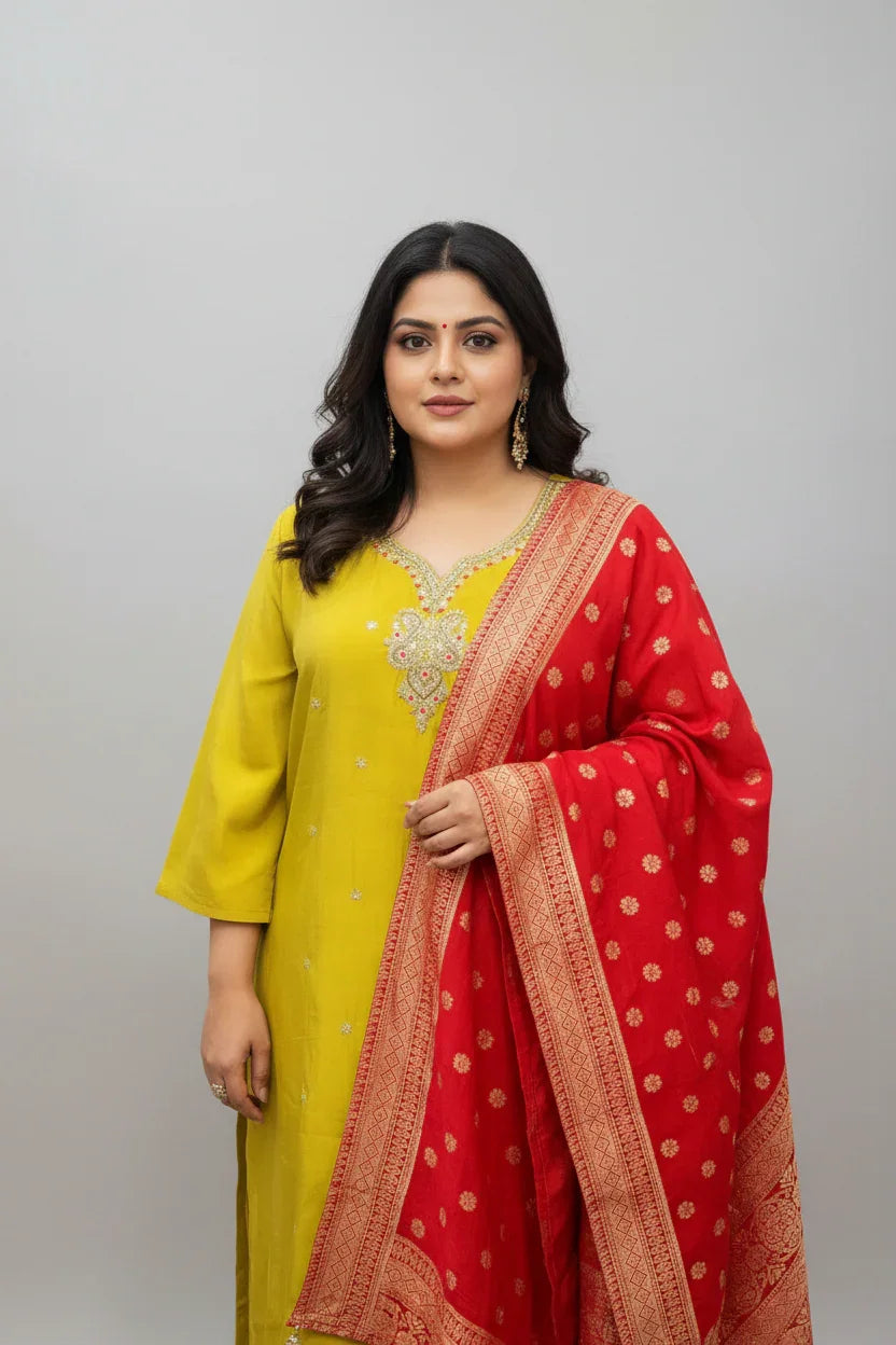Plus Size Party Wear Kurti Set with Red Benaras Dupatta