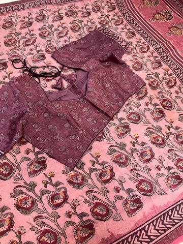 Soft Crape Silk Pink Saree with stitched blouse