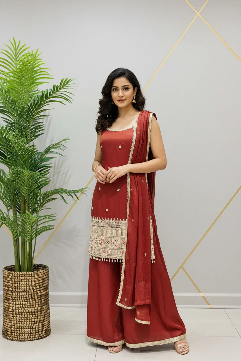 Woman wearing red Indian ethnic suit with embroidered kurta, matching dupatta and palazzo pants, posing indoors