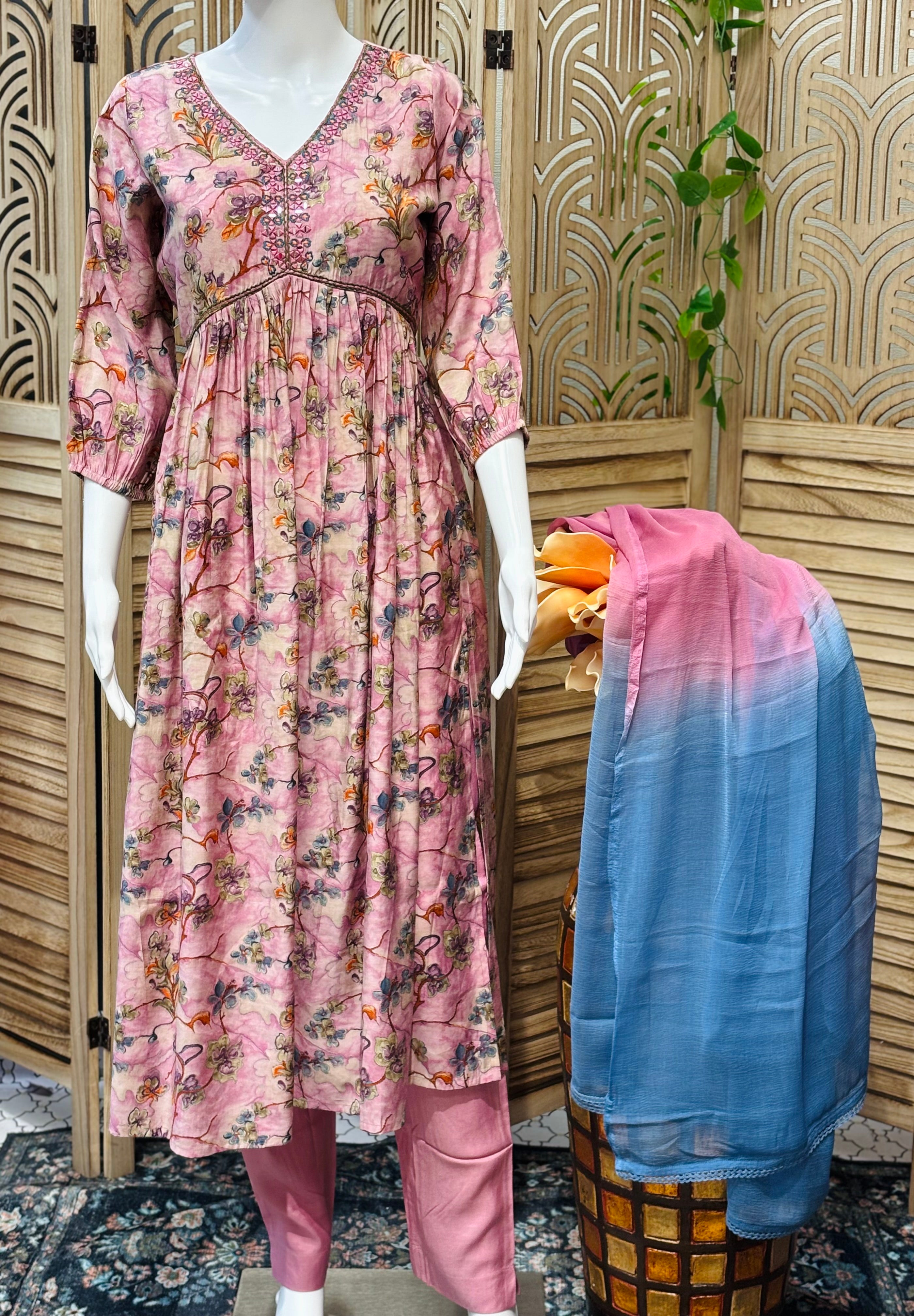 Size 40-Rayon -Floral Print Alia Cut Kurti Set