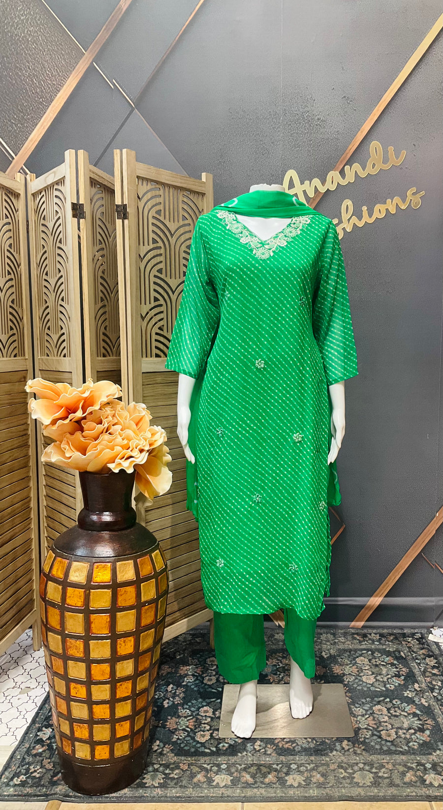 Green Leheriya Georgette Kurti set