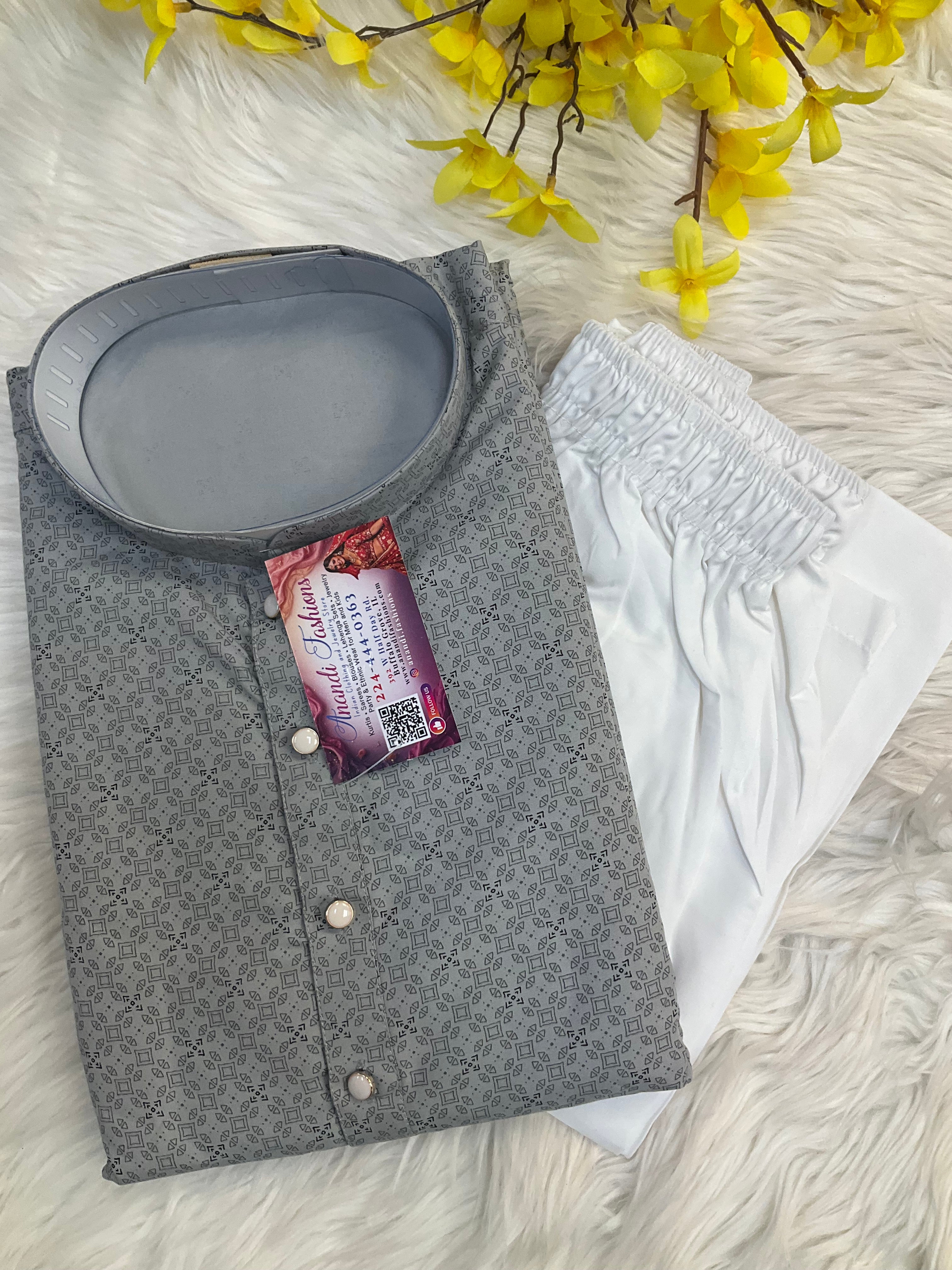 Grey Mens kurta set with small Print