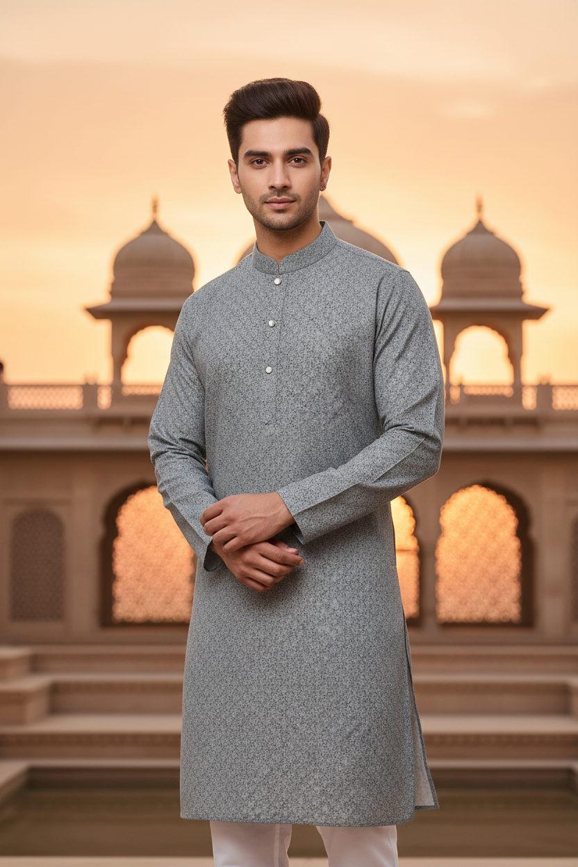 Grey Mens kurta set with small Print