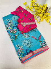 Mangalagiri Silk Digital Print Bird Design Saree with Stitched blouse