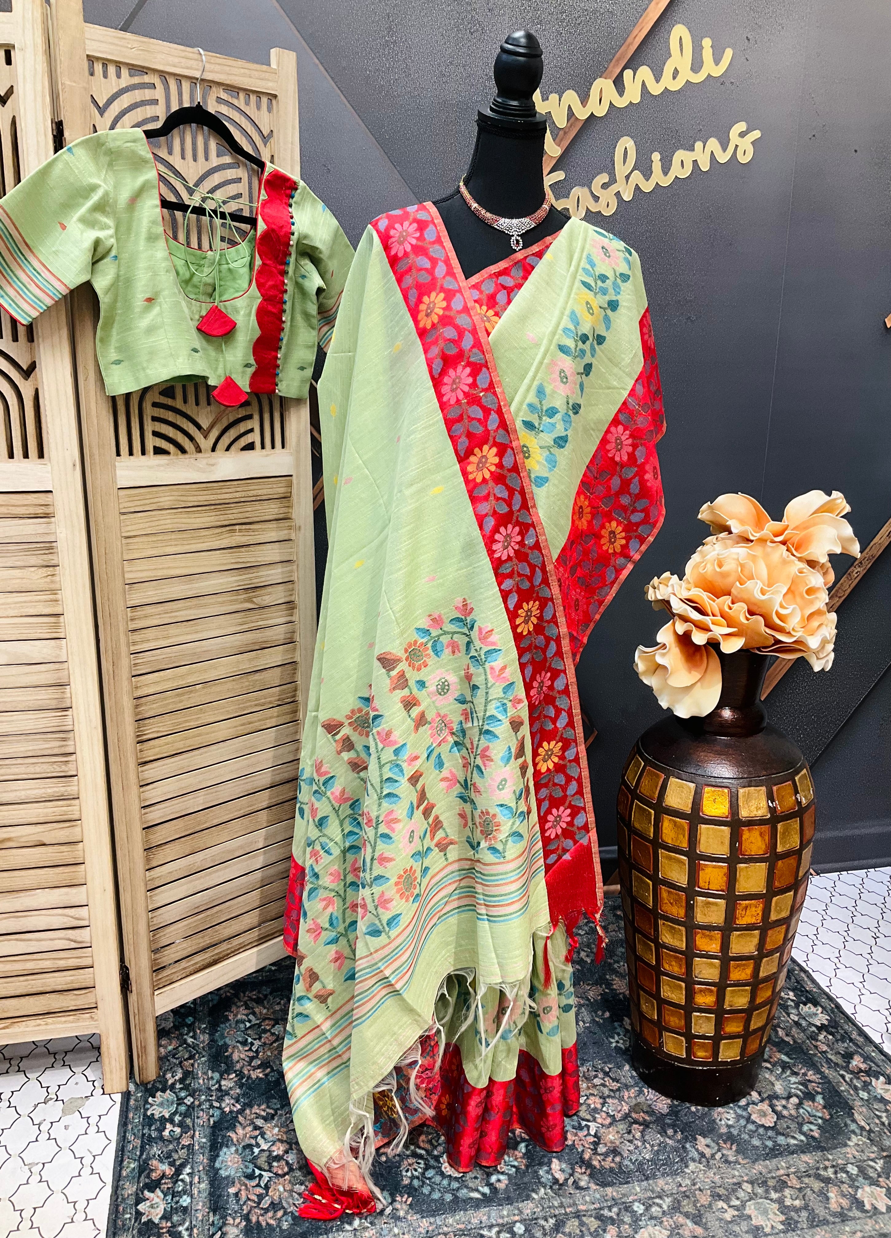 Green Lenin Jamdhani weaving Saree with Stitched blouse - fall pico done