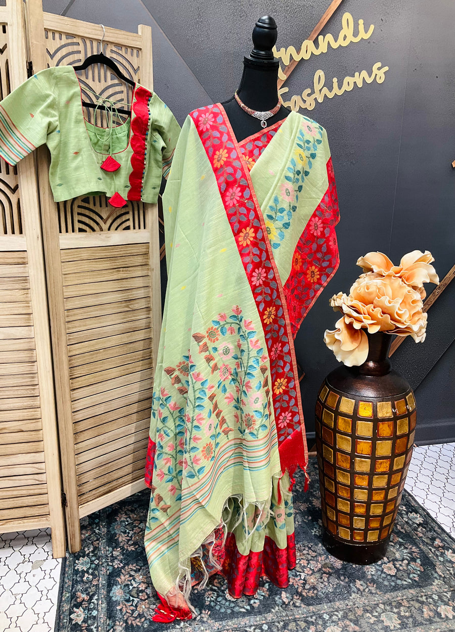 Green Linen Jamdhani weaving Saree with Stitched blouse