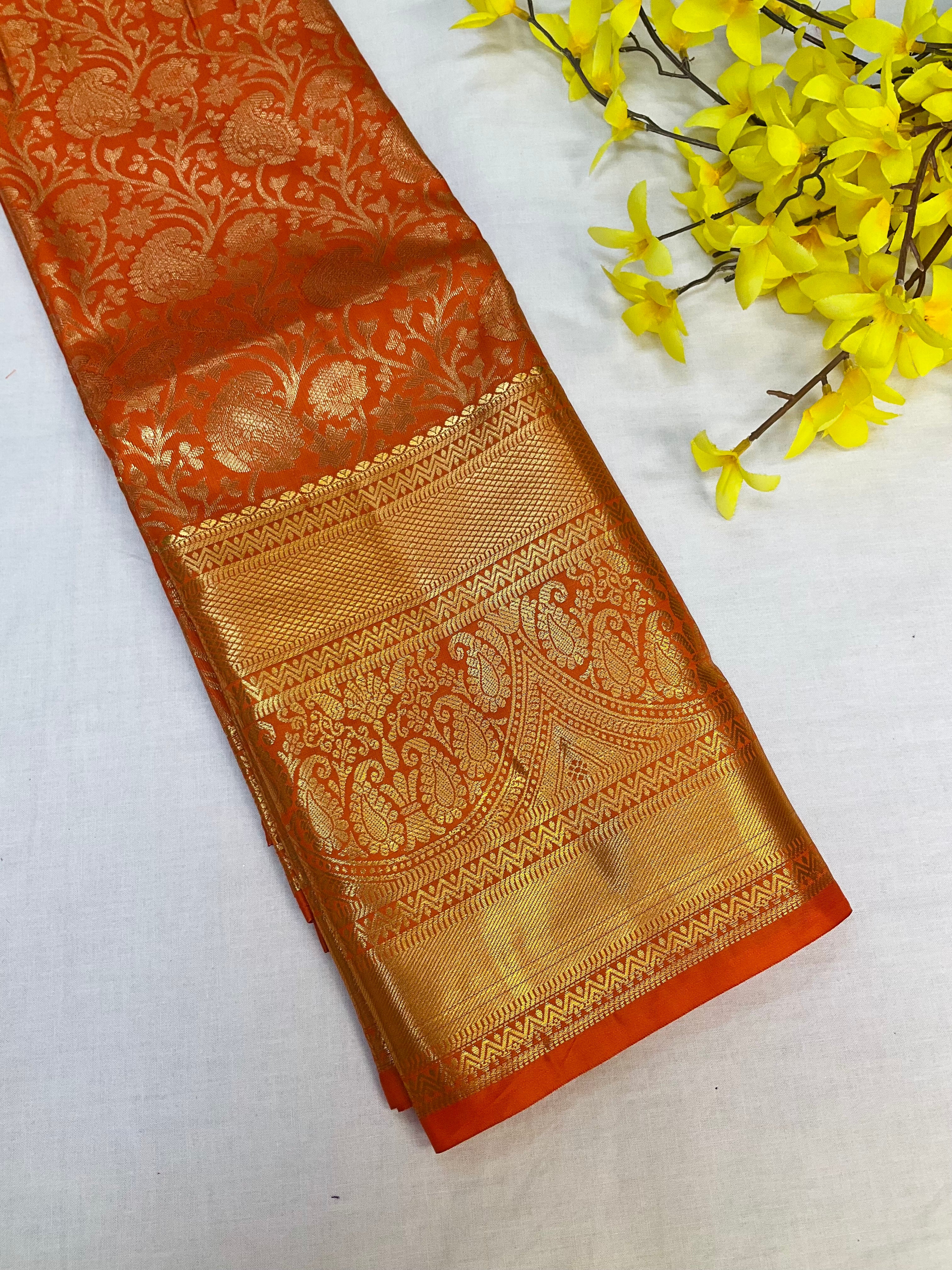Orange Semi silk Kanjeevaram Saree