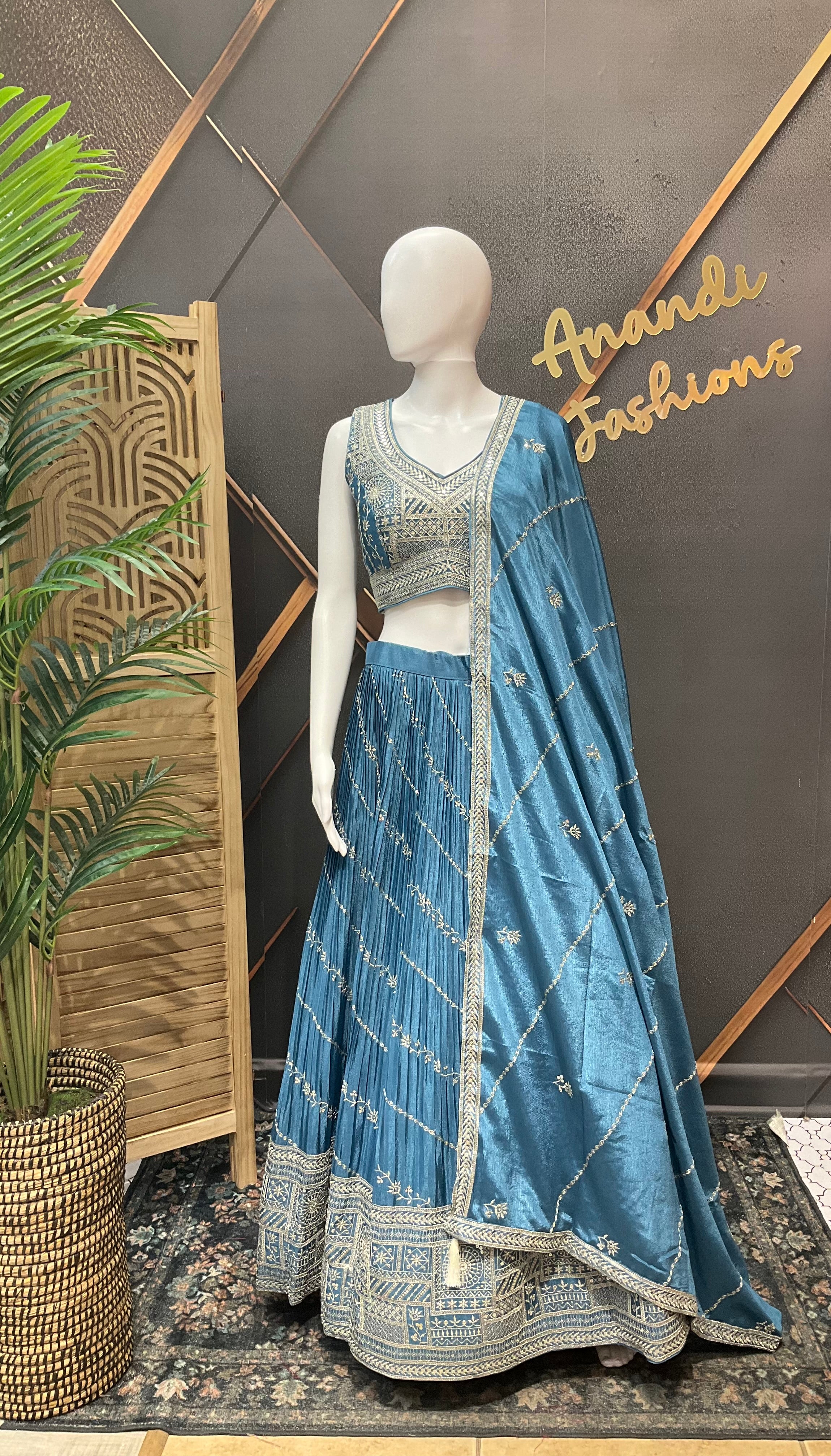 Women’s Teal Blue Embroidered Lehenga Choli with Dupatta