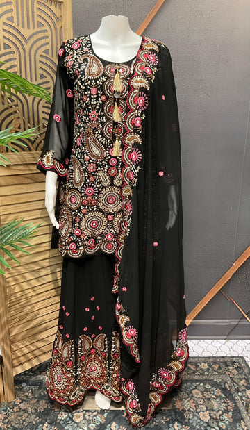 Designer Georgette Black Palazzo Set Size 38 - Heavy Embroidery Party Wear