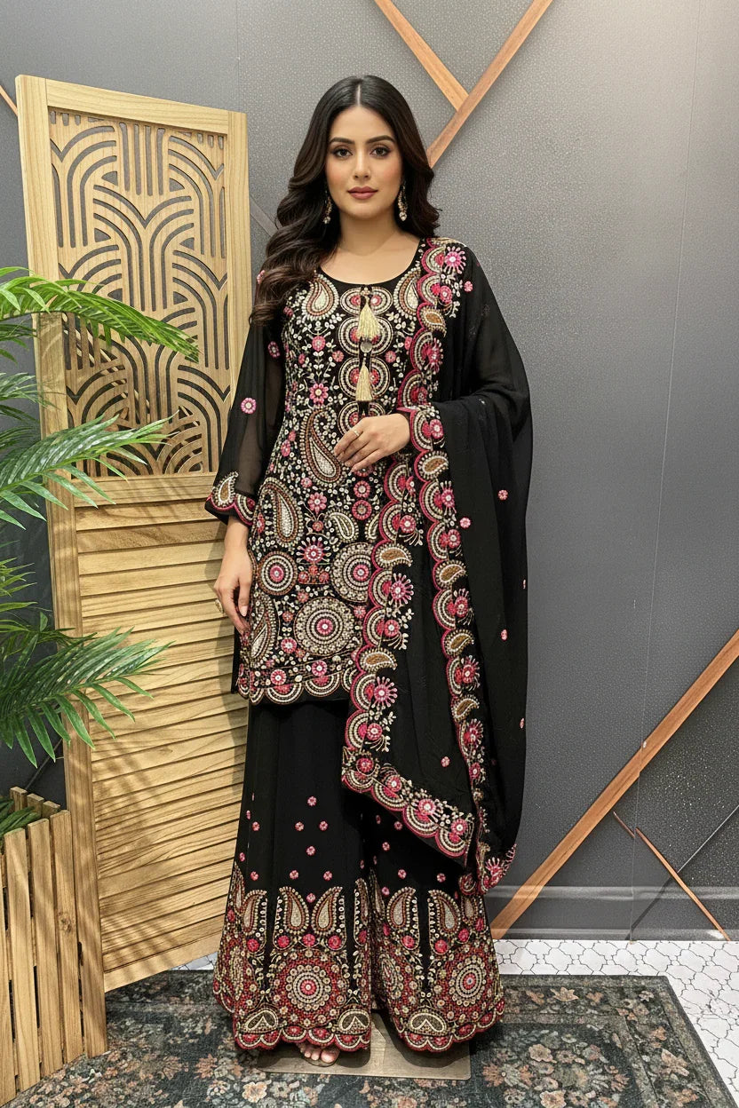 Woman modeling black Indian ethnic wear with intricate pink and gold embroidery at Anandi Fashions