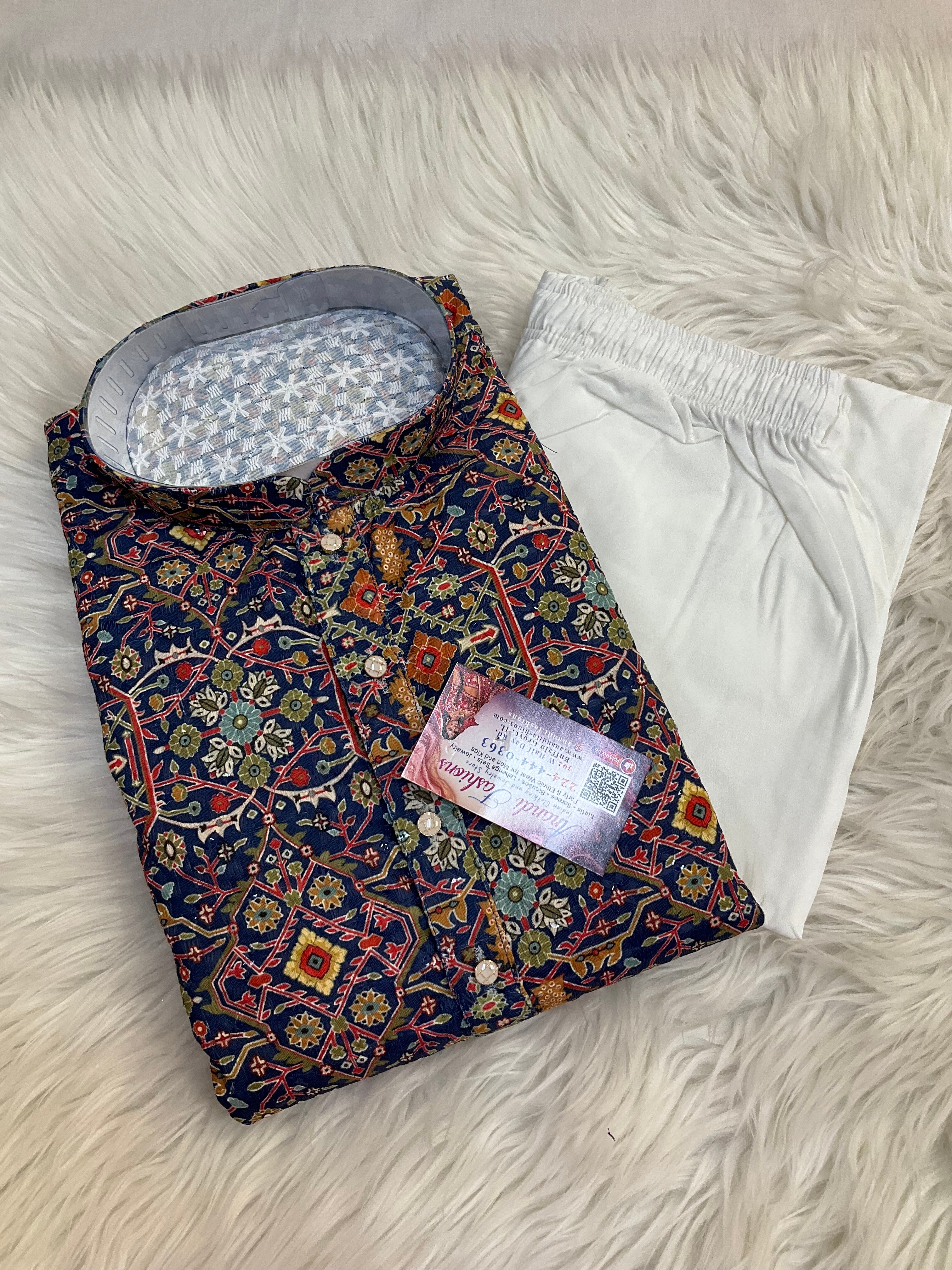 Navy Blue Mens Chikankari kurta set
