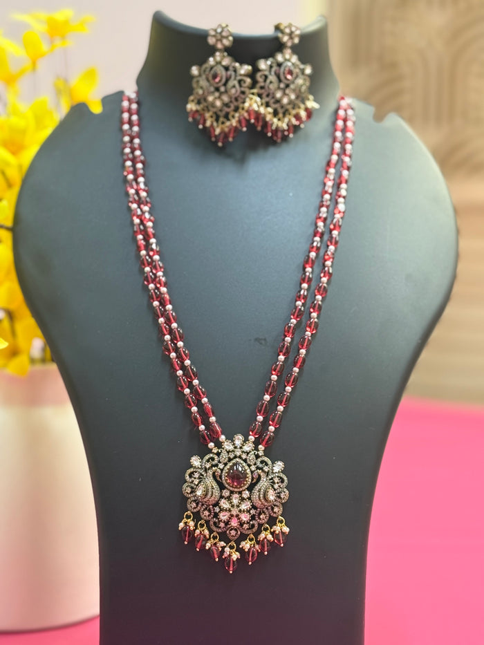 Maroon Monalisa Beads - Victorian Pendant Long Haram/Necklace set
