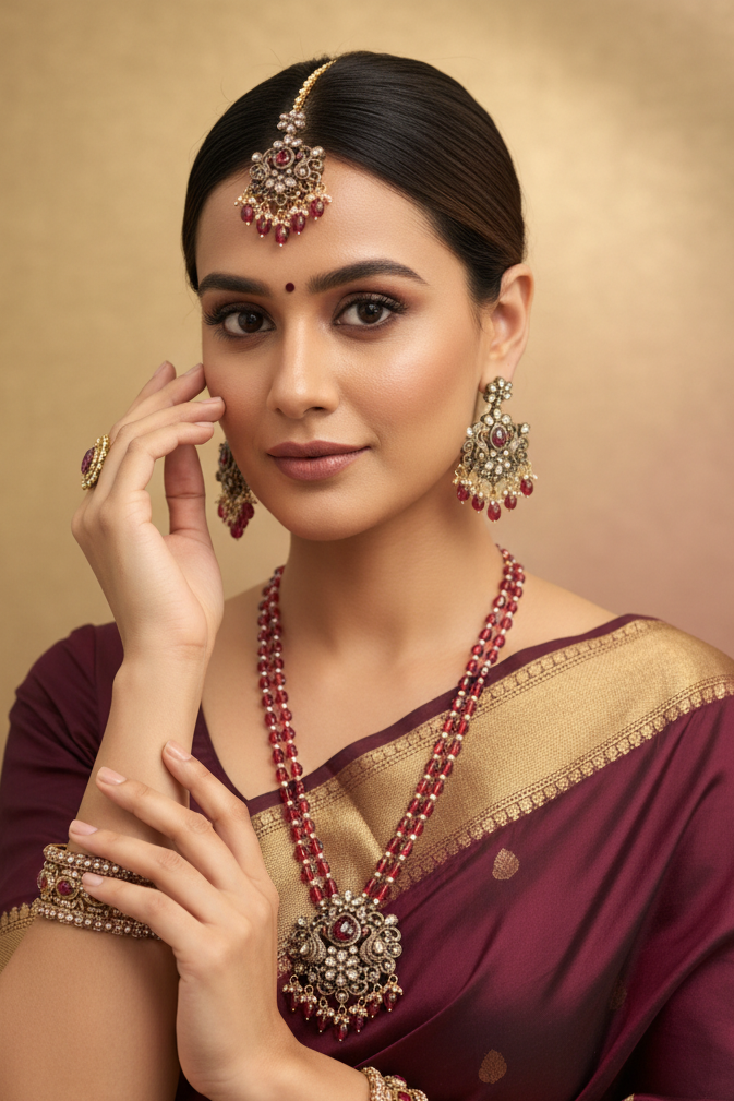 Maroon Monalisa Beads - Victorian Pendant Long Haram/Necklace set