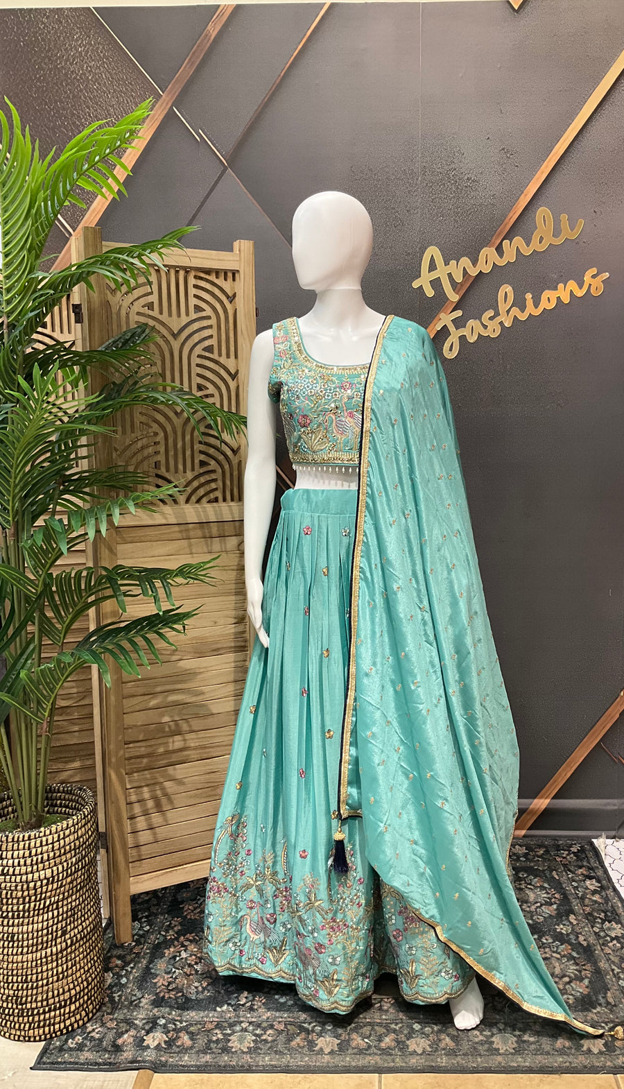 Women’s Sea Green Embroidered Lehenga Choli Set with Matching Dupatta